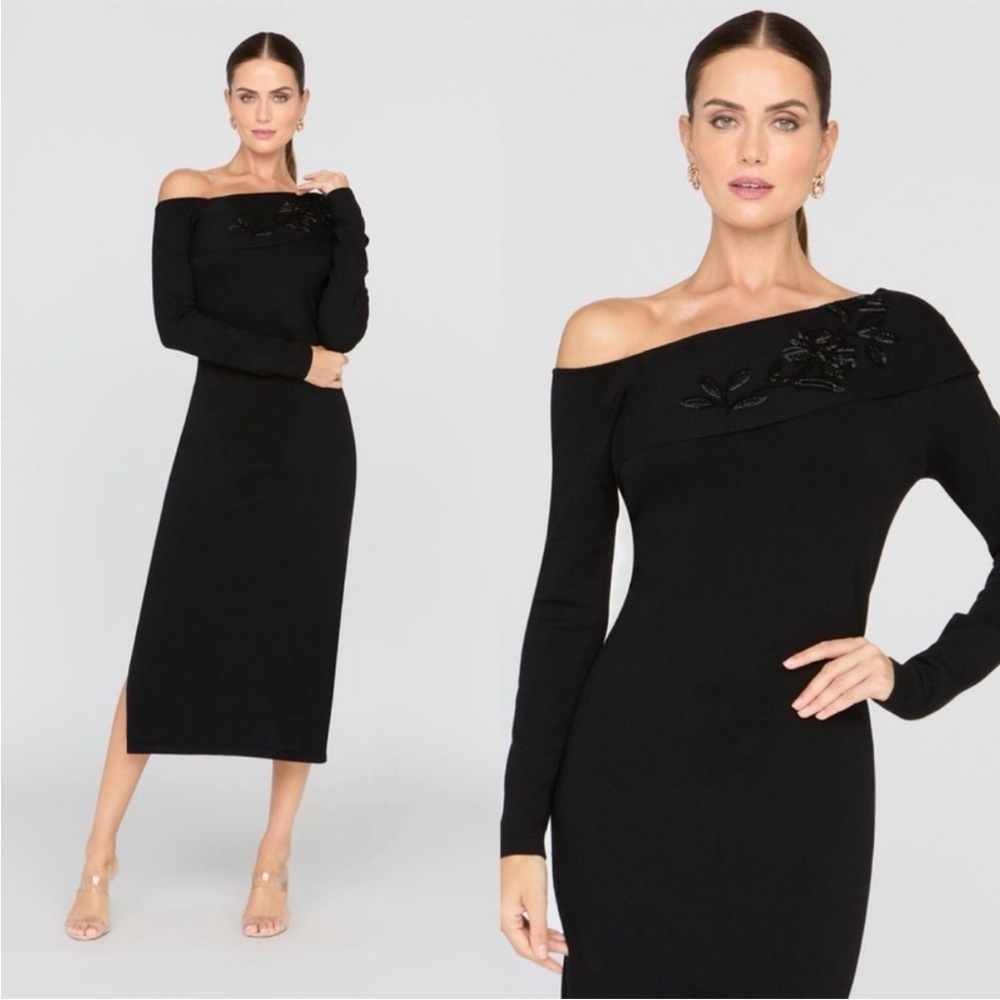 Kay Unger Imani Beaded Long Sleeve Midi Dress black, SIZE LARGE
